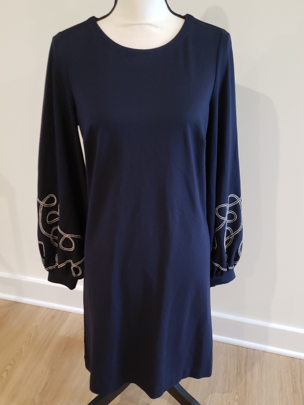 Ann Taylor Navy Dress with Embroidered White Balloon Sleeves